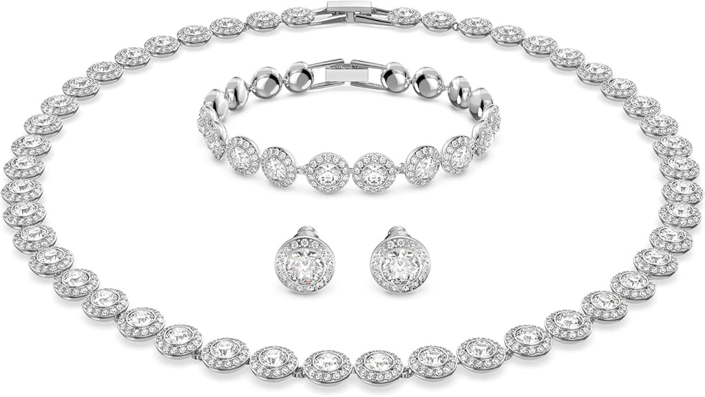 Swarovski Crystal Authentic Angelic All Around Set of Necklace, Bracelet and Earrings, White, Rhodium Finish- Women's Hypoallergenic Sparkling Jewelries - Nickel Free Crystal Jewelry Collection